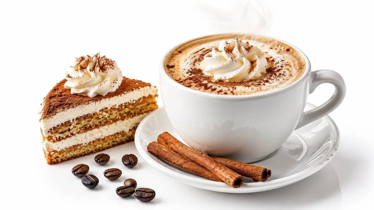 Cappuccino with cake and cinnamon sticks